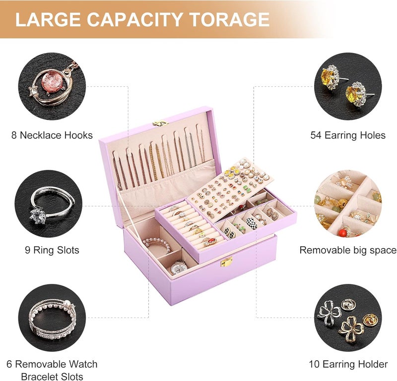 Sanikeon Jewelry Box for Girls Women Leather Jewelry Organizer with Lock Double Layers Jewelry Storage Case Removable Tray for Necklace Earring Ring with Polishing Cloth and Jewelry Bags, Home Decor Gifts - Image 4